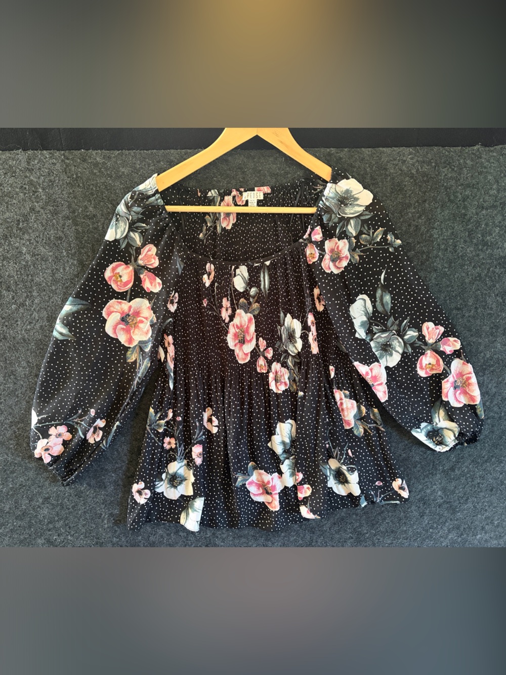 Black Floral Peplum Blouse with Pink & Cream Flowers Flowy